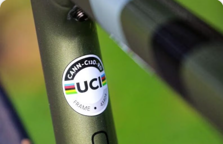 Round UCI sticker on Cannondale seat tube